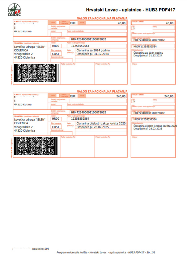 Ispis uplatnica HUB3 (za plaćanja internet bankarstvom jednostavnim skeniranjem PDF417 barkoda) iz programa Hrvatski lovac.