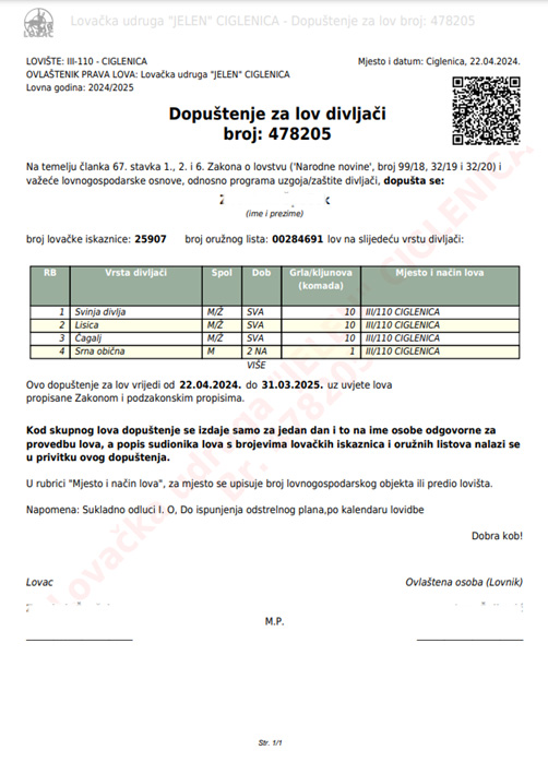 Ispis dopuštenja za lov iz programa Hrvatski lovac. Autentičnost dopuštenja može provjeriti Lovočuvar skeniranjem QR-koda.