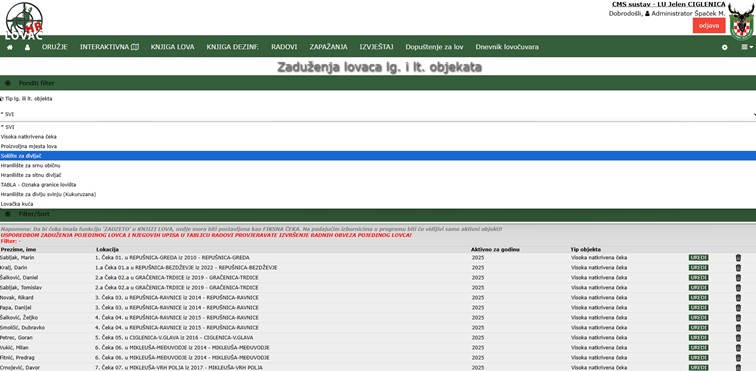 Zaduženje lovaca (primjer filtriranja po tipu lg. i lt. objekta).