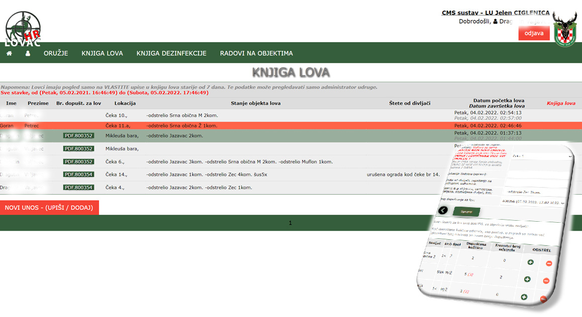 POČETAK LOVA – odaberete datum i dodirnete ‘Spremi’
																												Vidljive su samo LOKACIJE KOJE NISU ZAUZETE, te one lokacije koje nisu fiksne čeke.
																												Ako je čeka zaista fizički slobodna, LOVAC SE NIJE ODJAVIO iz lovišta zadnjih 7 DANA.
																												LOVNIK i LOVOČUVAR VIDE SVE LOKACIJE !
																												Kod dopuštene količine odstrela, ako postoji, u zagradi se nalazi već iskorišteni broj odstrela po ovom broju dopuštenja.
																												ZAKLJUČENJE LOVA – dodirnete datum zaključenja lova i ‘Spremi’
																												Nakon odabira i spremanja podatka lov će biti zaključen. 
																												Imate još ‘n’ minuta za eventualnu promjenu. 
																												(Vrijeme odjave u minutama definira administrator.Ako se odjavite prije isteka tih ‘n’ minuta podatak će automatski biti zaključan.)
																											